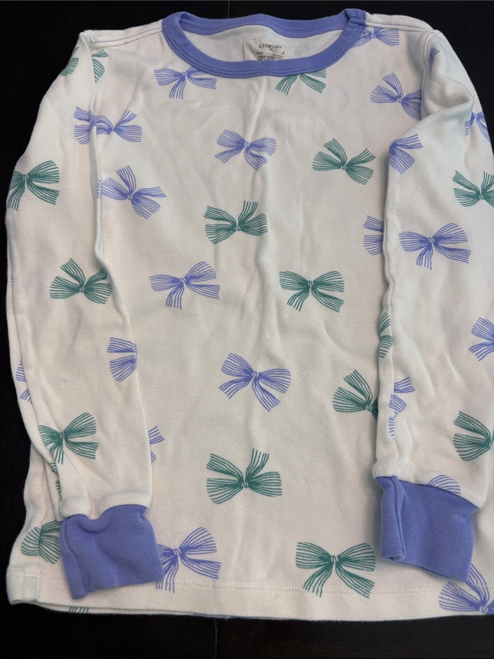 Crewcuts White Long-Sleeve Pajamas with Purple Trim and Green & Purple Bow Print